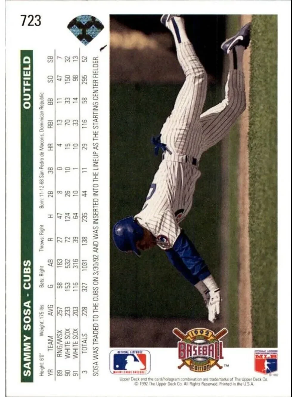 Sammy Sosa Cubs 1992 Upper Deck MLB #723 Baseball Card Chicago Cubs